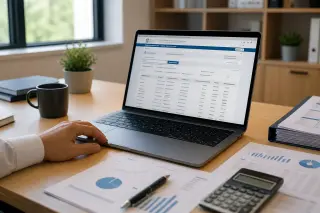 Bureau lumineux avec un ordinateur affichant un site officiel, des documents administratifs éparpillés et une main prête à travailler, ambiance sobre et professionnelle.