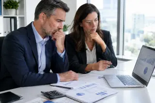 Two business professionals in an office reviewing financial documents with concerned expressions, focusing on charts and spreadsheets at a desk.