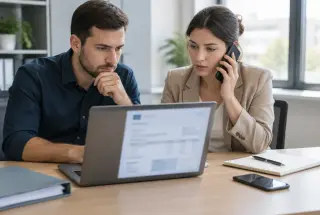 Deux employés vérifient prudemment les coordonnées bancaires d’un fournisseur dans un bureau.